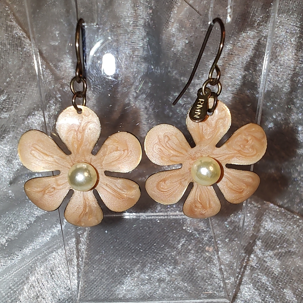 Vintage Roman Coral Floral Enamel Earrings with Pearl Accent